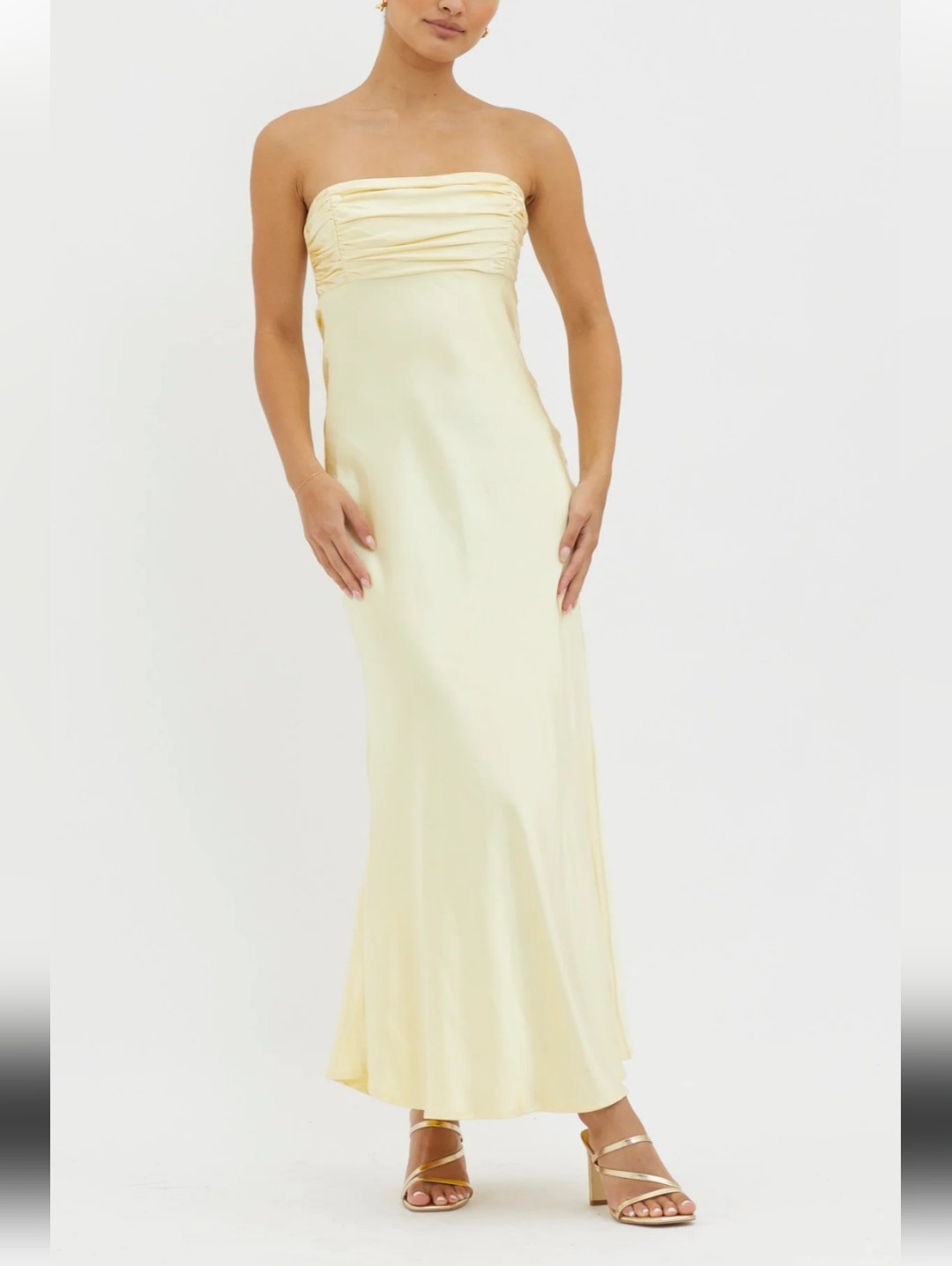 Selfie Leslie Strapless Satin Maxi Dress In Pale Yellow Size S New With Tags